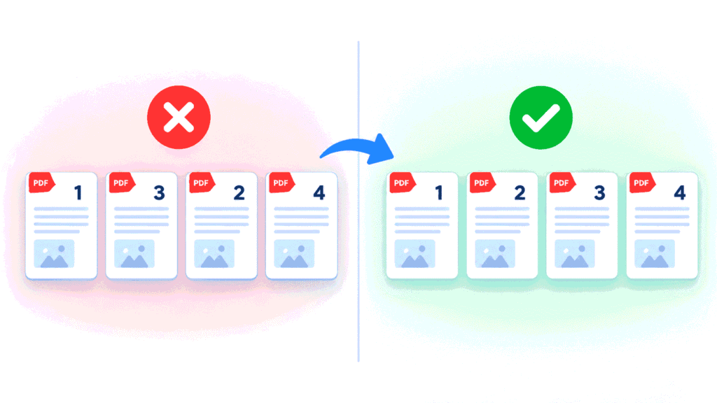 Before and after view of PDF pages rearranged into the correct order