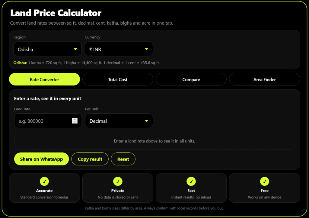 land rate per decimal to sq ft calculator